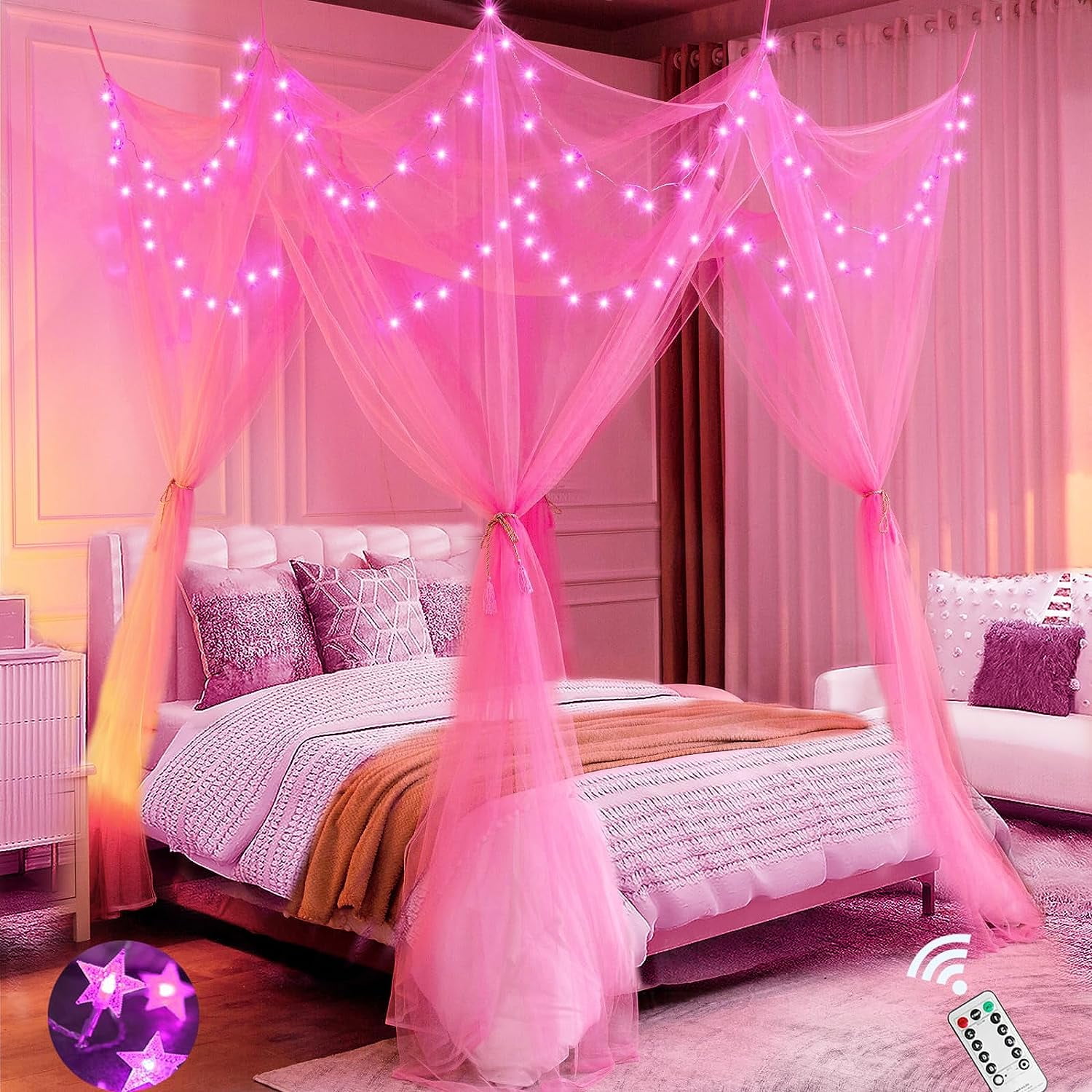 Pink Bed Canopy with Lights for Girls 8 Corner Post Princess