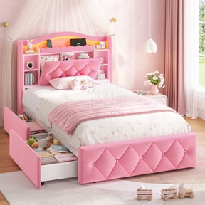 Pink Bed Frame Twin Upholstered Princess Beds with Bookcase Headboard and 2 Storage Drawers for Girls, Diamond Tufted Velvet Platform Twin Bed Frame with LED Lights & Charging Stations
