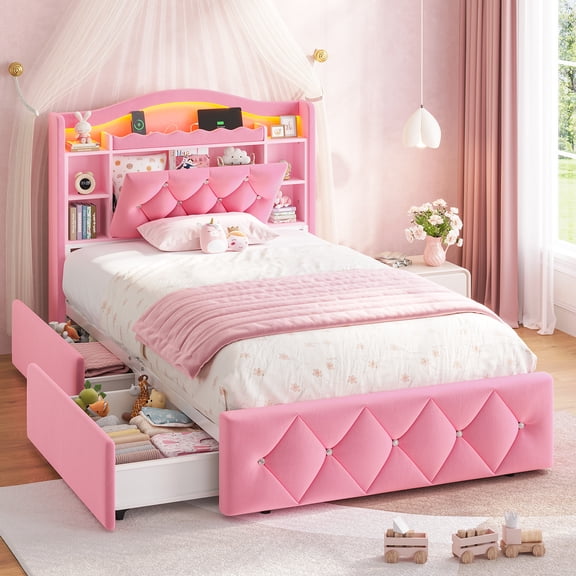 Pink Bed Frame Twin Upholstered Princess Beds with Bookcase Headboard and 2 Storage Drawers for Girls, Diamond Tufted Velvet Platform Twin Bed Frame with LED Lights & Charging Stations