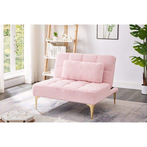 Pink Bed Futon With Fabric And Gold Metal Legs - Ideal For Small Living Rooms Versatile Different Room Settings
