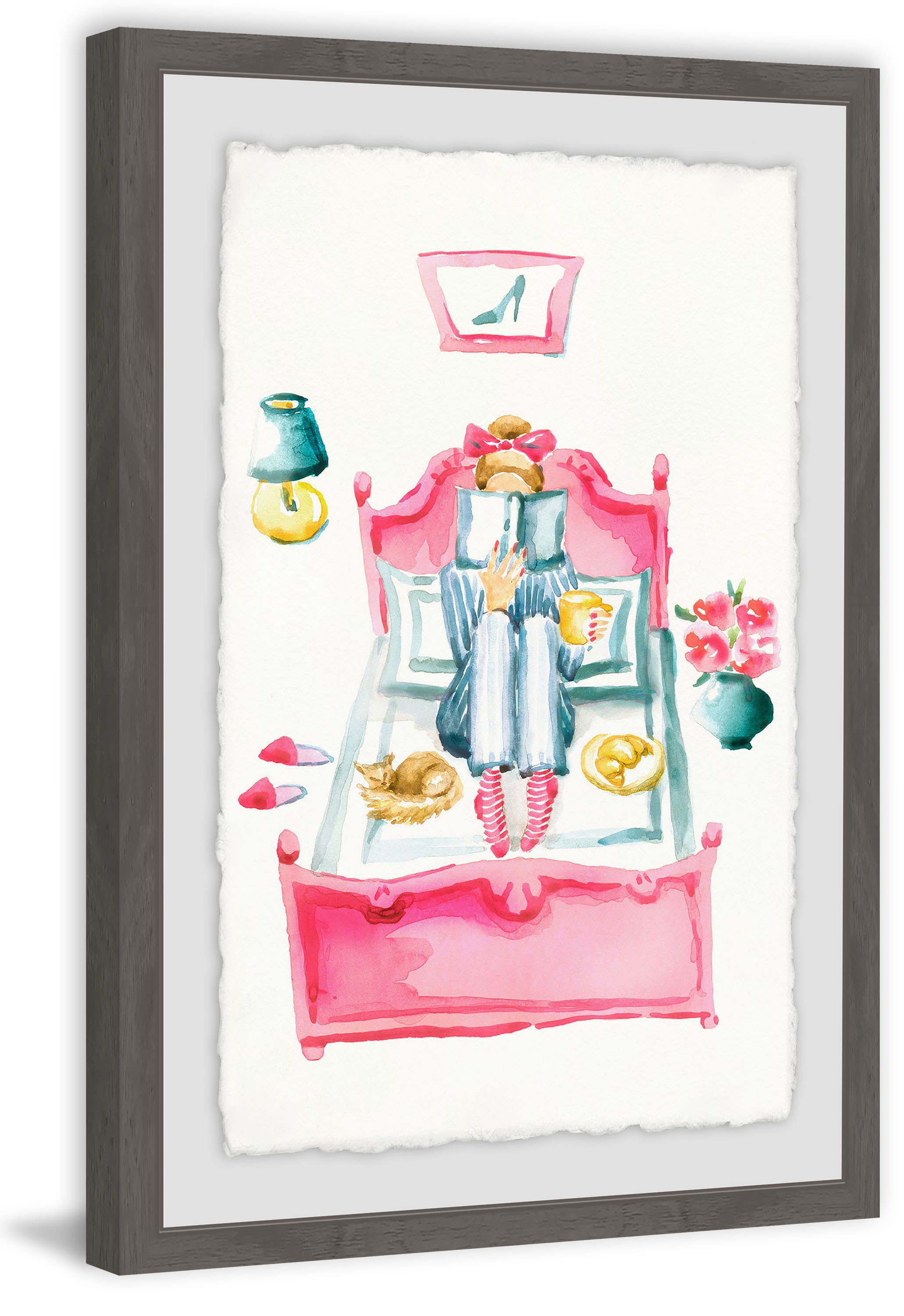 Pink Bed Reading Framed Painting Print