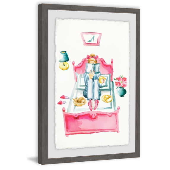 Pink Bed Reading Framed Painting Print