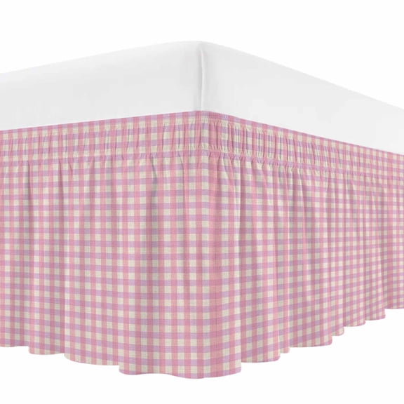 Pink Bed Skirt Cal King Size,Grid Checkered Plaid Gingham Lattice Trellis Wrap Around Bed Skirting with Adjustable Elastic Strap,Dust Ruffled Pleated Bedskirts 18 Inch Drop for Bedroom Cal King Beds