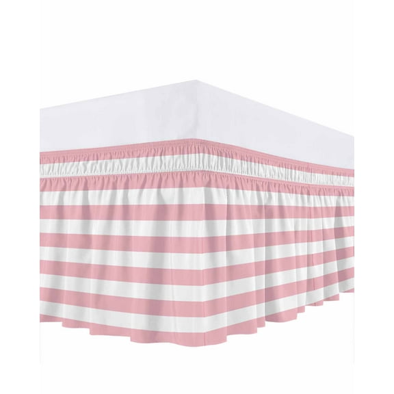Pink and Bed Skirt White Stripes Bed Skirts Queen Size 16 Inch Drop, Wrap Around Dust Ruffle Bedskirt with Adjustable Elastic Belt for Queen Size Beds