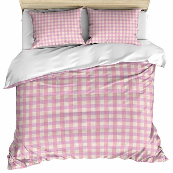 Pink Bedding 3 Piece Duvet Cover Set Queen Size, Grid Checkered Plaid Gingham Lattice Trellis Soft Microfiber Comforter Cover with Zipper Closure & Pillowcases, Wrinkle & FadeResistant Quilt Cover