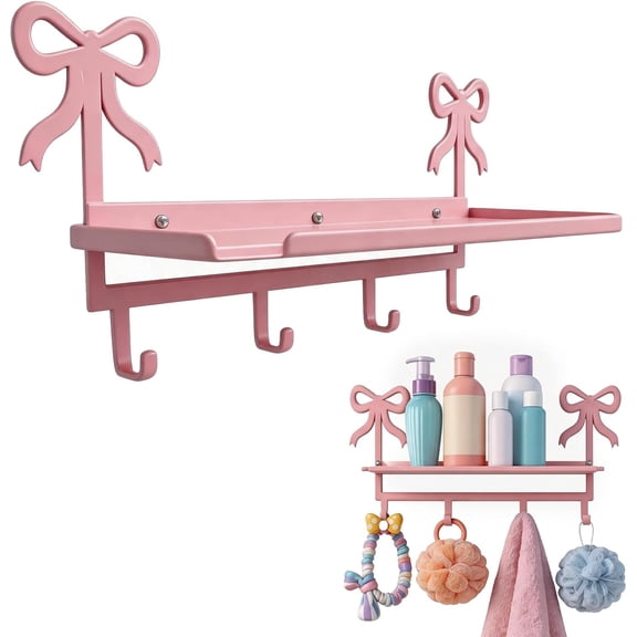 Pink Bedroom Decor Entryway Key & Coat Hanging Rack with 4 Hooks, Pink Bow Room Decor Wall Shelf
