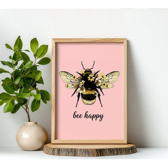 Pink Bee Happy Floral Bumble Bee Inspirational Accent, Unframed Canvas