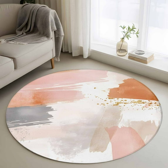 Pink Beige Color Block Round Rug 3.3ft Washable Circle Entryway Rugs Non Slip Abstract Art Contemporary Luxury Area Rug Indoor Floor Carpet for Bedroom Kitchen Living Room Home Office Dining Room