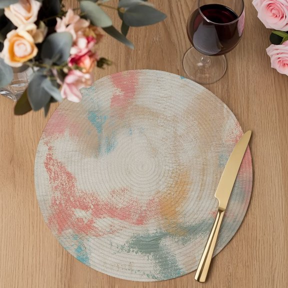 Pink Beige Faded Paint Round Braided Placemats Set of 1, Vintage Abstract Minimalist Linen Texture Heat Insulation Place Mats Washable Non-Slip Table Mats for Kitchen Dining Party, 13 Inches