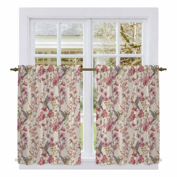 Pink Beige Flowers Kitchen Curtain for Berdoom Living Room Cafe 45 Inch Length, Spring Floral Elegant Pastoral Rustic Tiers Curtains Light Filtering Drapes Window Treatment 2 Panels 52"Wx45"L