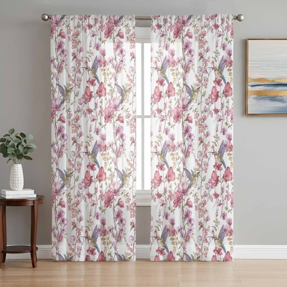 Pink Beige Flowers Sheer Curtains 108 Inch Length 2 Panels Set for Living Room/Bedroom, Spring Floral Elegant Pastoral Botanical Semi Curtain Sheers Rod Pocket Curtains Window Treatment 52''x108''x2