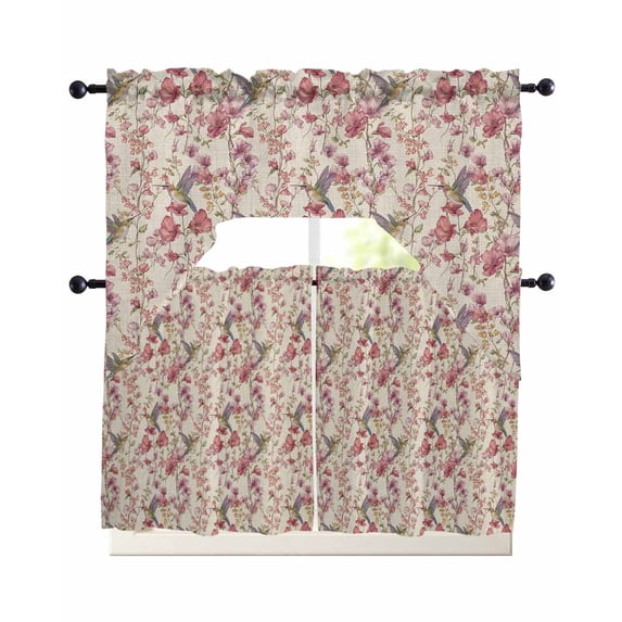 Pink Beige Flowers Swag Curtains for Living Room/Bedroom Windows, Spring Floral Elegant Pastoral Rustic Kitchen Curtains and Valances Set 36 Inch Length, Light Filtering Swags Valance Curtain Panels