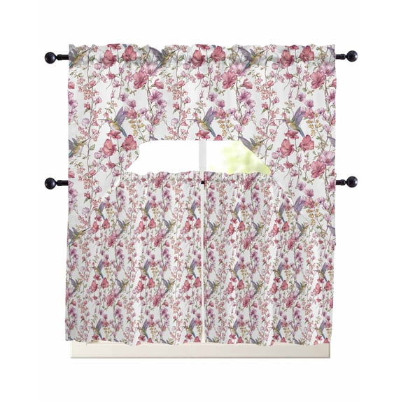 Pink Beige Flowers Swag Kitchen Curtains Sets for Windows 24 Inch Length, Spring Floral Elegant Pastoral Botanical Short Window Curtain Swags Valances and Tiers 3 Piece Set for Cafe/Dining Room