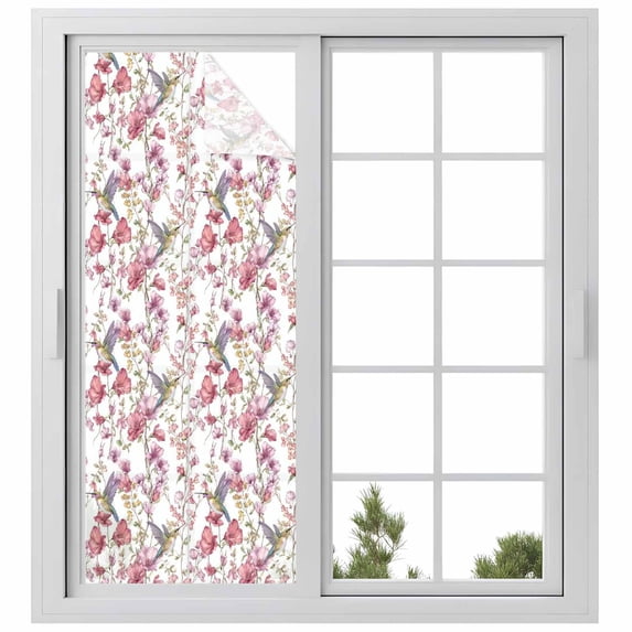 Pink Beige Flowers Window Privacy Film, Spring Floral Elegant Pastoral Botanical Static Cling UV Sun Blocking Heat Control Window Tint Day and Night, Non-Adhesive One Way Privacy Cover 23.6''x59''