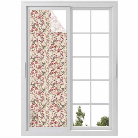 Pink Beige Flowers Window Privacy Film, Spring Floral Elegant Pastoral Rustic Static Cling UV Sun Blocking Heat Control Window Tint Day and Night, Non-Adhesive One Way Privacy Cover 17.7''x78.7''