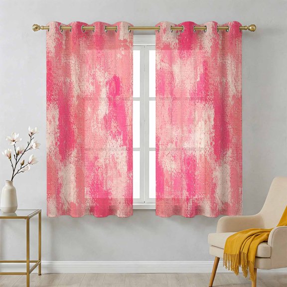 Pink Beige Ink Splatters Sheer Curtains 39 Inch Long 2 Panels, Abstract Minimalist Vintage Rough Texture Light Filtering Semi Sheer Drapes Grommet Voile Window Curtain for Living Bedroom W27.9 x L39