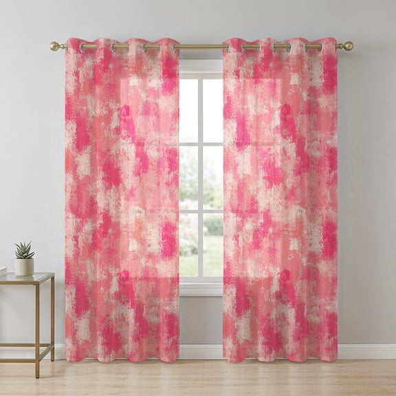 Pink Beige Ink Splatters Sheer Curtains 63 Inch Long 2 Panels, Abstract Minimalist Vintage Rough Texture Light Filtering Semi Sheer Drapes Grommet Voile Window Curtain for Living Bedroom W52 x L63