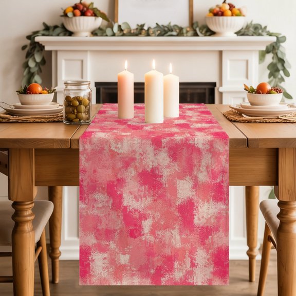 Pink Beige Ink Splatters Table Runner 13x48 Inch Abstract Minimalist Vintage Rough Texture Cotton Linen Dining Table Runner Ideal for Dresser Kitchen Coffee Tables - Machine Washable
