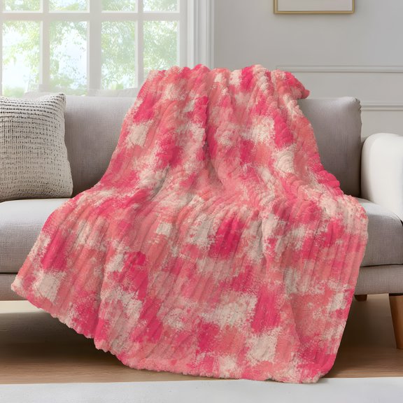 Pink Beige Ink Splatters Throw Blanket for Couch Abstract Minimalist Vintage Rough Texture Soft and Warm Flannel 3D Striped Fluffy Fuzzy Fleece Blanket Lightweight Throw for Bed, Sofa 40 x 50 Inches