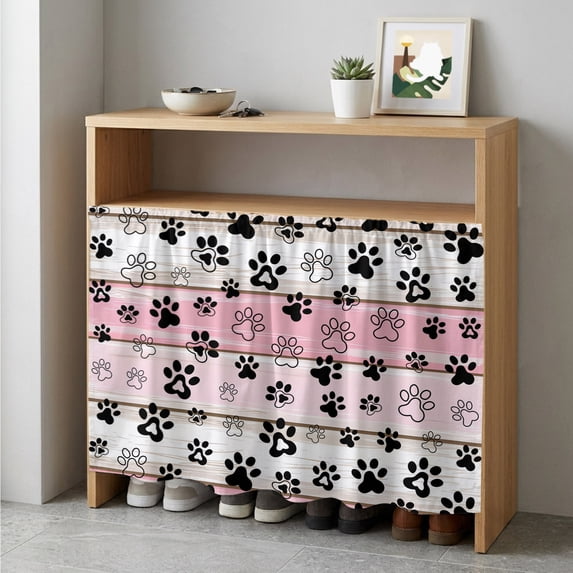 Pink Beige Paw Print Cabinet Curtain 35"Wx35"L,Dustproof Under Sink Skirt W/ Self Adhesive Tape,Vintage Farmhouse Country Wooden Grain Cabinet Curtain Cover for Kitchen Sink,Bathroom Vanity
