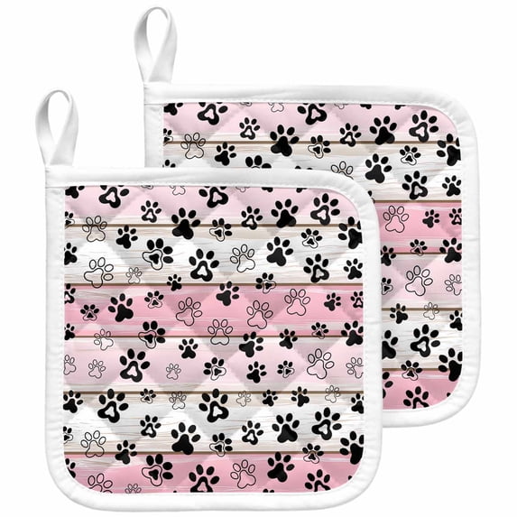 Pink Beige Paw Print Pot Holders for Kitchen Heatproof Potholder, 2 Pack Vintage Farmhouse Country Wooden Grain Hot Pads Multipurpose Oven Pads Cloth Potholders Trivet for Cooking and Baking