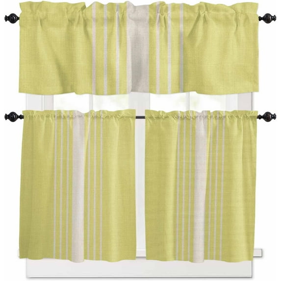 Pink Beige Striped Kitchen Curtains, Modern Farmhouse Retro Lines 3-Piece Kitchen Curtain Valance and Tiers Set 24 Inch Length, Rod Pocket Half Window Curtains for Cafe Living Room Bathroom