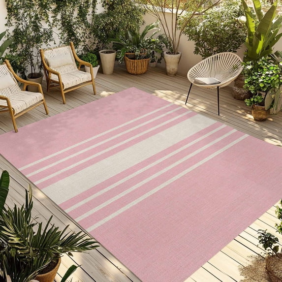 Pink Beige Striped Outdoor Rug 4x6 Ft - Reversible Patio Rug Outdoor Camping Rugs, Modern Farmhouse Retro Lines Washable Indoor Outdoor Area Rugs, Non-Slip Outdoor Carpet Runner for Deck/Porch
