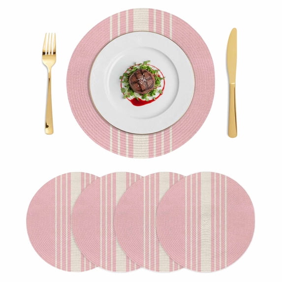 Pink Beige Striped Round 15 Inch Placemats Set of 4, Modern Farmhouse Retro Lines HeatResistant Non Slip Place Mats for Dining Table, Wipeable Braided Kitchen Table Mats for Housewarming