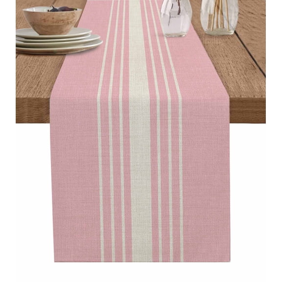 Pink Beige Striped Table Runners 60 Inches Long, Cotton Linen Fabric Table Runner Dresser Scarf, Farmhouse Retro Lines Modern Tablerunner for Party/Kitchen/Dinner/Wedding Decor 13''x60''