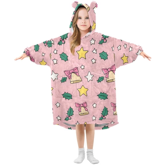 Pink Bells and Stars Wearable Blankets Hoodie Oversize Sherpa Wearable Soft Blanket Warm Cozy 3-14 Age