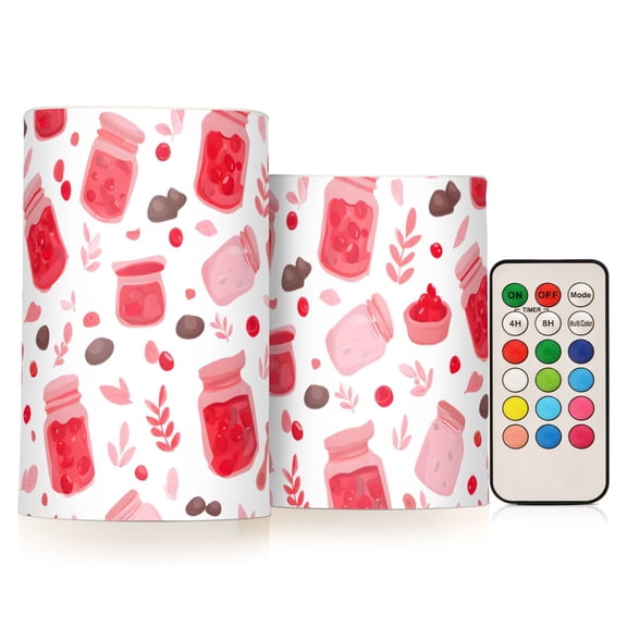 Pink Berry Jam Flameless LED Candle Set with Remote, Battery Operated Color Changing Pillar Candles, Set of 2