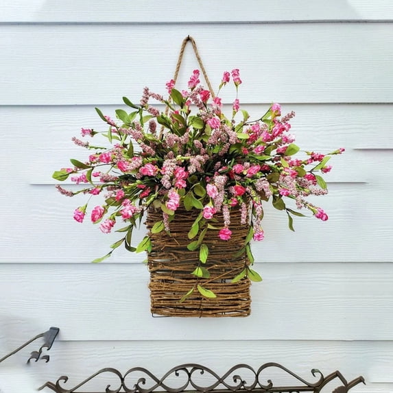 Pink Berry Wildflower Door Hanger Basket Wreath, Seasonal Welcome Sign Front Door Decoration, Spring Hanging Ornament by Feledorashia