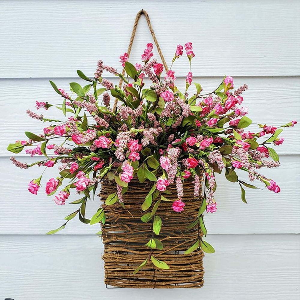 Pink Berry Wildflower Door Hanger Basket Wreath, Seasonal Welcome Sign Front Door Decoration, Spring Hanging Ornament