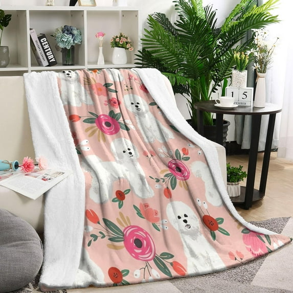 Pink Bichon Frise and Flower Blanket,Comfortable Soft Flannel Throw Blanket,All Season,Warm Lightweight Blankets for Sofa Bed Couch Living Room Chair,60"x80"