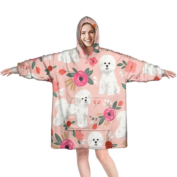 Pink Bichon Frise and Flower Wearable Oversized Blanket,Wearable Blanket Hoodie for Adults,Cozy Hooded Blankets with Super Pockets,Super Warm Fuzzy Pullover for Women & Men