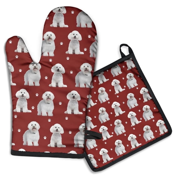 Pink Bichon Frise Kitchen Oven Mitt and Pot Holder Sets 2 Pcs for Baking, Cooking and Grilling, Heat Resistant Up To 392 °F