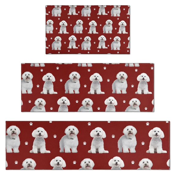 Pink Bichon Frise Kitchen Rugs Sets Of 3,Kitchen Runner Rugs Non Skid Washable,Decorative Kitchen Floor Mats for Kitchen,Sink,Laundry,17"x30"+ 17"x47" + 17"x59"
