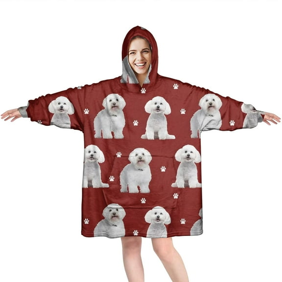 Pink Bichon Frise Wearable Oversized Blanket,Wearable Blanket Hoodie for Adults,Cozy Hooded Blankets with Super Pockets,Super Warm Fuzzy Pullover for Women & Men