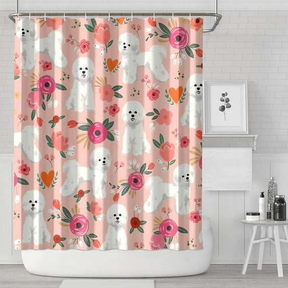 Pink Bichon Frise and Flower Shower Curtain 72x84in ,Bathroom Decorative Shower Curtains Set with 12 Hooks,Modern Waterproof Washable Shower Curtain