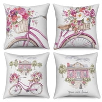 Pink Bicycle Bike Pillow Cover 16x16 Set of 4,Spring Flower Pillow Cases Couch Cushion for Bedroom Home Decor