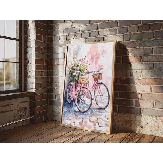 Pink Bicycle Cottagecore Farmhouse Wall Art Poster, Unframed Size 12x18