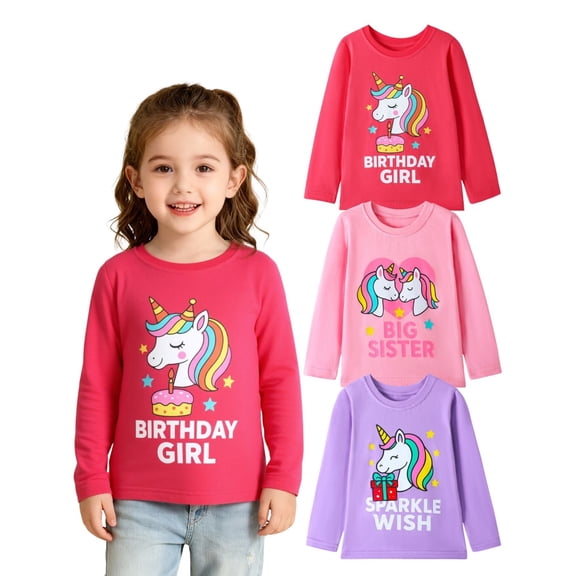 HILEELANG 2-7 Toddler/Little Girls Red/Pink/Purple Unicorn Birthday Sparkle Big Sister Spring Print 100% Cotton Tee 3