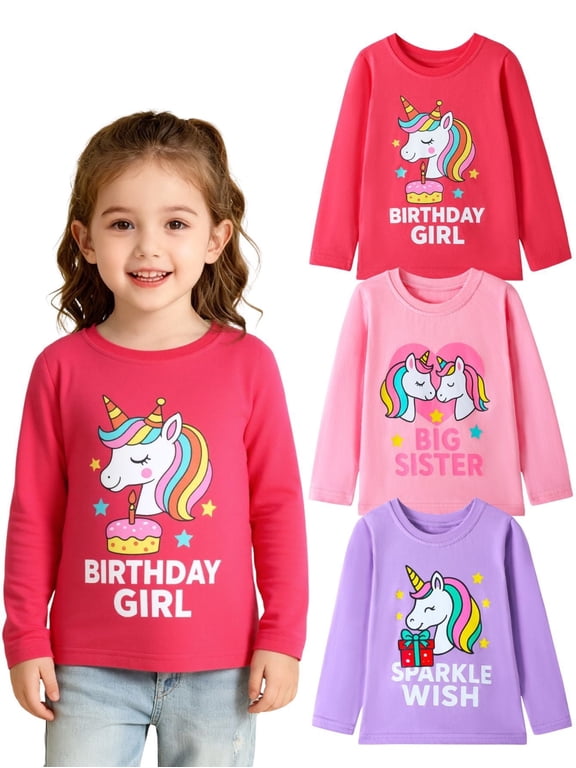2-7 Toddler/Little Girls Red/Pink/Purple Unicorn Birthday Sparkle Big Sister Spring Print 100% Cotton Tee 4