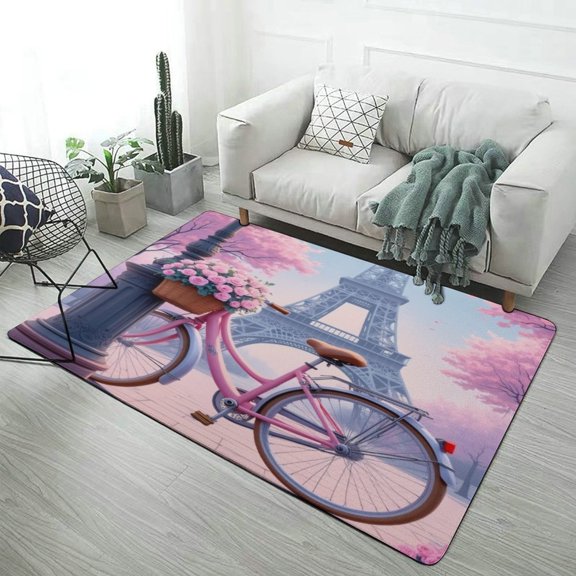 Pink Bike at Eiffel Tower Carpet for Home Decoration Rugs Soft Carpet for Bedroom Room Living Room Bathroom Entrance Door Non-slip Comfort Mat