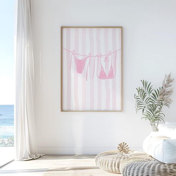 Pink Bikini Clothesline Poster, Light Pink Beachy Wall Art, Cute Coastal Wall Art, College Dorm Room Decor, Trendy Wall Art, 282, Unframed Poster Size 12x18
