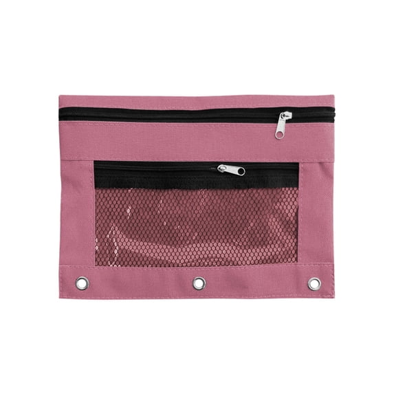 Pink Binder Pencil Pouch, 3 Ring Pencil Case with Clear Window and Mesh Pocket, Fabric Binder Organizer Bag for Office Stationery Storage