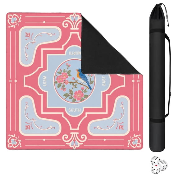 Pink Bird Blossom Oriental Mahjong Mat 31.5x31.5 Inch | Non-Slip And Noise Reduction Mah Jong Table Mat Cover with Carrying Bag For Mahjong Lovers, Poker, Board Games And Dominoes
