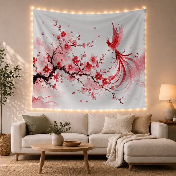 Pink Bird with Blossoms and Floating Petals, Serene Watercolor Style for Bird Lovers, Floral Wall Art, Housewarming Gift, Tapestry Wall Hanging for Bedroom and Living Room