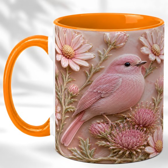 Pink Bird Daisy Coffee Mug, Wildflower Bird Mug, Ceramic 11 oz