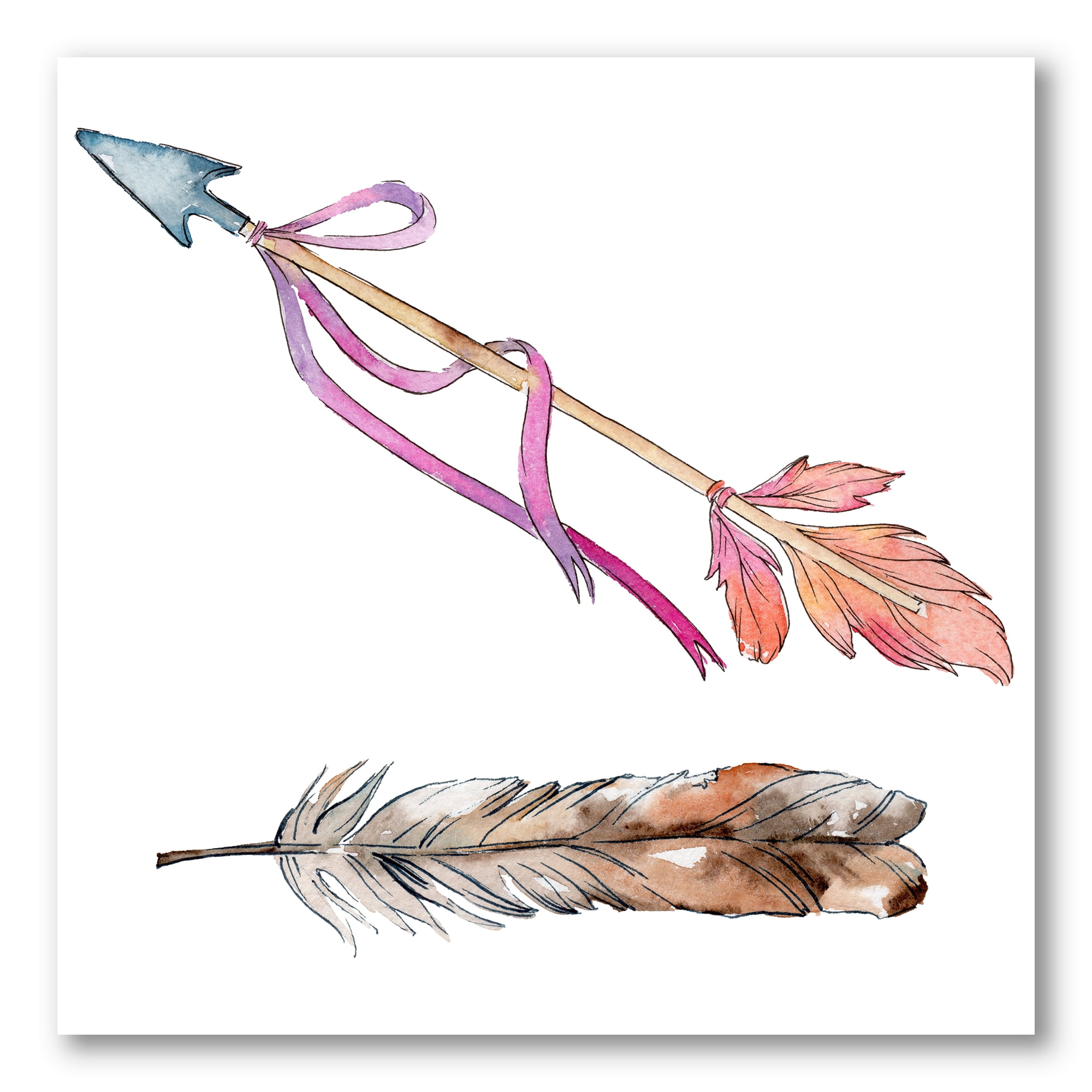 Pink Bird Feather From Wing on Arrow 30 in x 30 in Painting Canvas Art Print, by Designart